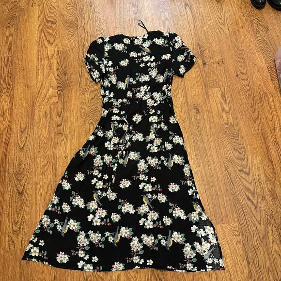 Louche black floral bird v neck short sleeve midi dress size 10 unlined - Picture 6 of 10
